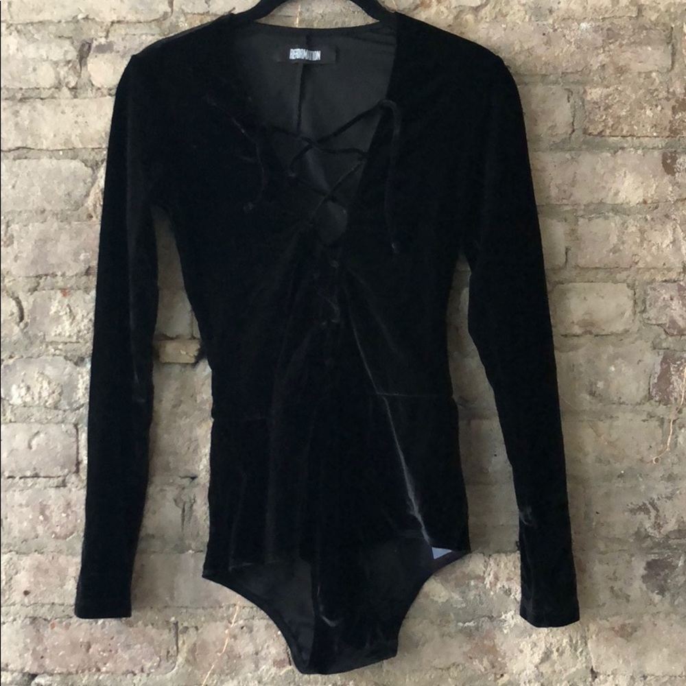Reformation XS black velvet lace up body suit